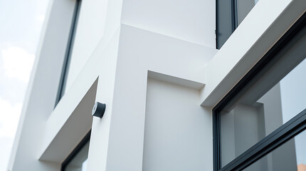 Modern Building Exterior with White Stucco and Dark-Framed Windows