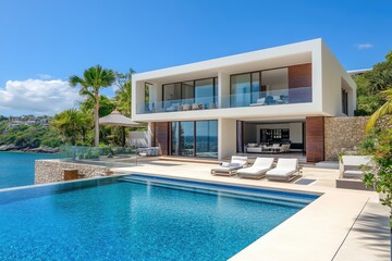 Fototapeta premium Modern beachfront villa with infinity pool and ocean view
