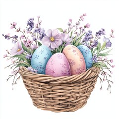Spring Nest with Painted Easter Eggs and Blossoms, Delicate bird&rsquo;s nest filled with pastel-painted Easter eggs, surrounded by blooming cherry blossoms and green leaves, symbolizing spring renewal.

