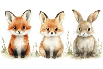 Obraz premium Three adorable animal illustrations featuring a fox and a rabbit, perfect for children's art.