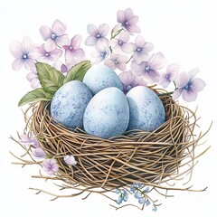 Obraz premium Spring Nest with Painted Easter Eggs and Blossoms, Delicate bird’s nest filled with pastel-painted Easter eggs, surrounded by blooming cherry blossoms and green leaves, symbolizing spring renewal.