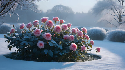 Morning frost on pink roses