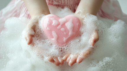 Fototapeta premium Child Washing Hands with Pink Heart-Shaped Soap Bar and Foam.