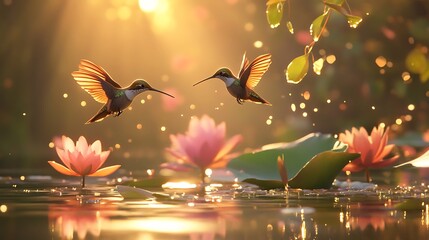 Hummingbirds over Lotus Pond at Golden Hour