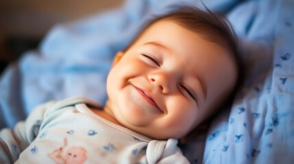 Cute Baby Girl Sleeping Calmly on Soft Blue Bedding.