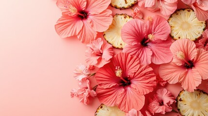 Obraz premium Vibrant hibiscus flowers and pineapple slices on pink background