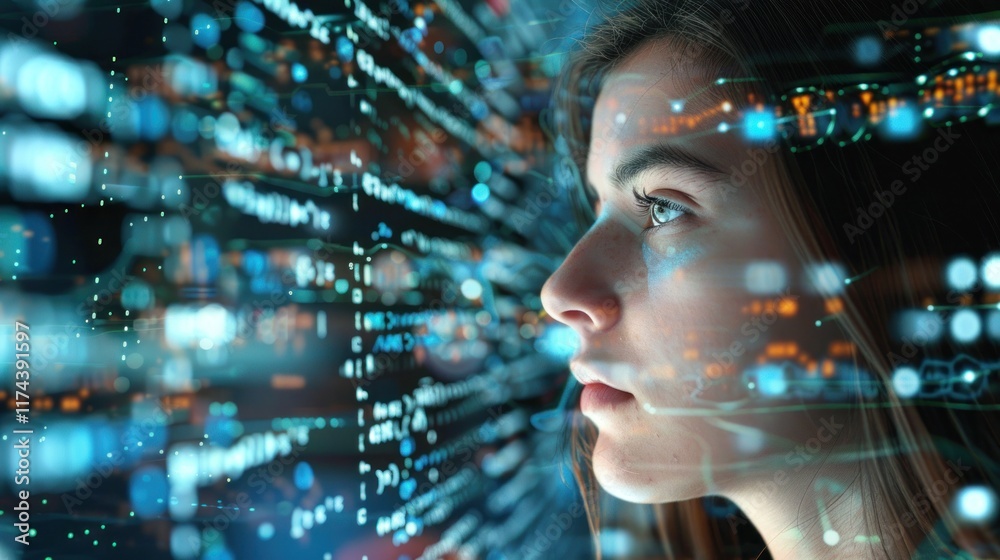 Wall mural woman looking at graphic pattern with computer code in front of her
