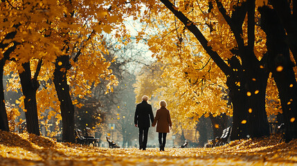 A couple walking in a park with trees and leaves on the ground