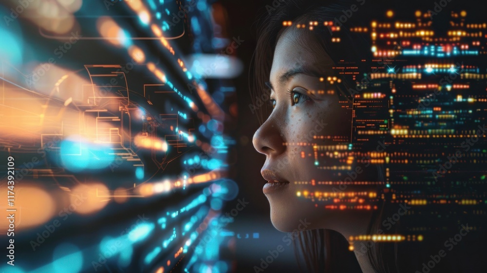 Wall mural woman looking at graphic pattern with computer code in front of her