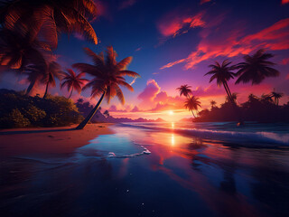 Vibrant sunset over a tranquil tropical beach. Palm trees silhouette against a fiery sky reflected in calm ocean water.  A serene and idyllic paradise scene.