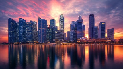 Fototapeta premium Sunset Casting Warm Glow on Majestic Glass Skyscrapers