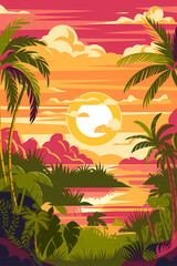Obraz premium Vivid tropical palm trees on the beach. Picture postcard. Poster. Marketing. Social media.