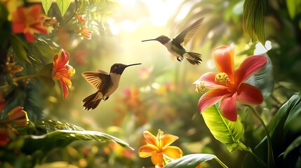Hummingbirds in a Tropical Paradise: A Vibrant Scene of Nature's Beauty