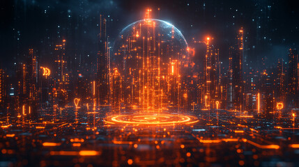 Fototapeta premium A virtual city shielded by a dome representing the NIS2 Directive and Cyber Resilience Act. This dome ensures the safety and security of the city