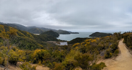 The rugged coast and beaches of the Abel Tasman Park in New Zealand