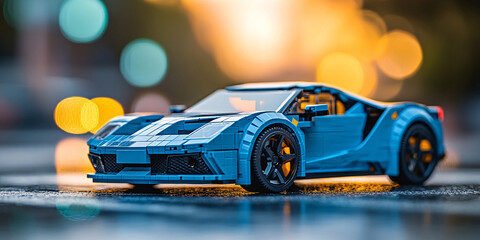 Close-up of a blue toy car model. Blue supercar toy in bokeh background.
