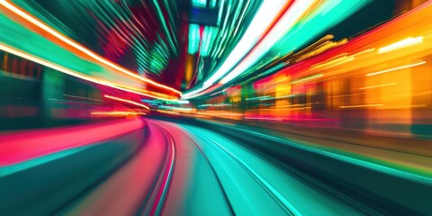 Blurry image of a street with a train on it