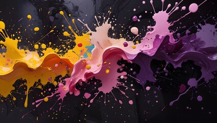 Dynamic paint explosion showcasing dripping yellow, magenta, and deep purple hues. Great for contemporary branding, expressive visuals, and digital artwork.