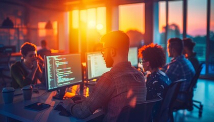Collaborative software development team engaged in code discussion in modern open workspace