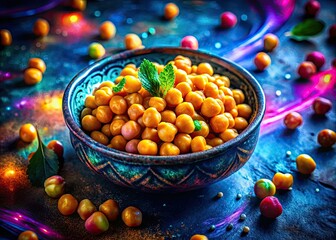 Naklejka premium Surreal Chickpea Bowl: Closeup Macro Photography of Boiled Chickpeas in a Bowl, Artistic Food Photo, Dreamlike Texture