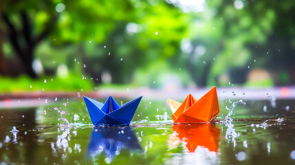 Two Paper Boats Floating in Water Puddle During Monsoon.