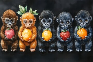 Fototapeta premium Five cartoon-style baby monkeys holding colorful fruits against a dark background.