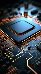 A processor on a circuit board with pulsating neon lights gives a sense of dynamic energy flow. 8k resolution image Generative AI image.