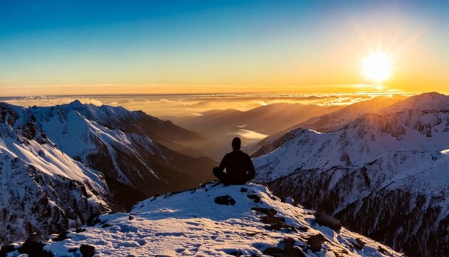 Serene Sunset Meditation
A peaceful silhouette of a person meditating in the lotus position on a rocky cliff, overlooking a vibrant sunset with orange and pink hues.
