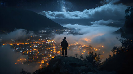 Fototapeta premium Lone Figure Observing Night City Lights Below Starry Sky