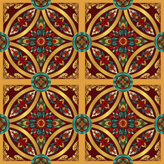 Thai Art Design - Luxurious Red and Gold Floral Motif with Teal Accents, Symmetrical Ornamental Pattern for Cultural Decor, Textile Designs, Heritage Artwork, and Traditional Southeast Asian Inspirati