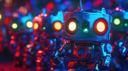 miniature toy robot with neon glow
