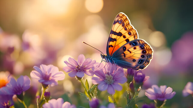 photo of a butterfly sitting on a purple flower petal