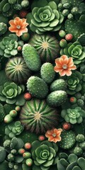 Fototapeta premium Lush collection of succulents and cacti in vibrant green hues, featuring various shapes and sizes, with some blooming flowers.