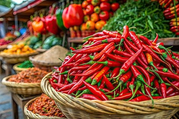 Fototapeta premium Vietnam Chili Peppers Market Basket - Vibrant Red Chilis, Asian Produce, Street Food, Vegetable Vendor