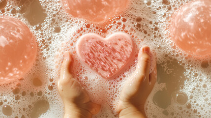 Fototapeta premium Adorable Child Scrubbing Hands with Pink Heart Soap and Foam.