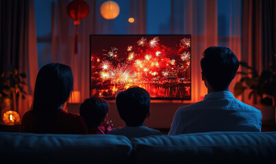 Chinese New Year, a family gathers together to watch TV
