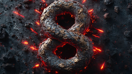 Number 8 glowing with molten lava effect on dark textured surface, abstract digital art with metallic and fiery elements creates mysterious atmosphere