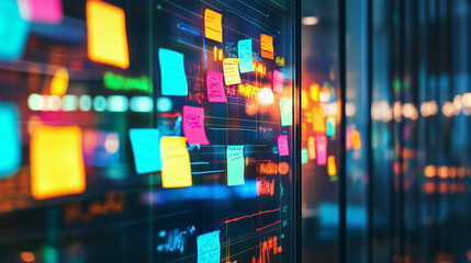 A wall with colorful sticky notes on it