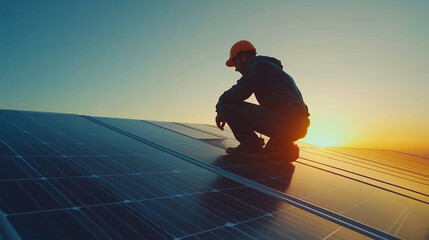 A man in an orange hat is kneeling on a solar panel
