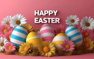 happy easter card with colorful striped eggs