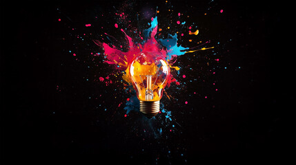 A light bulb is surrounded by colorful paint splatters
