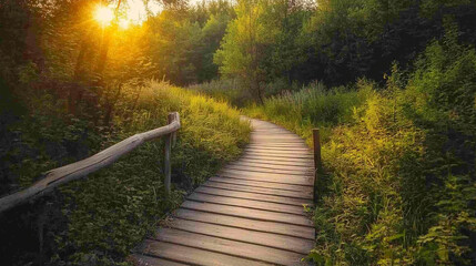 Obraz premium A wooden bridge with a fence on the left side