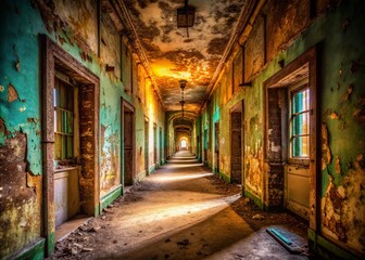 Fototapeta premium Abandoned Building Long Empty Corridor, Urban Exploration Photography, Dark, Mysterious, Decaying Interior