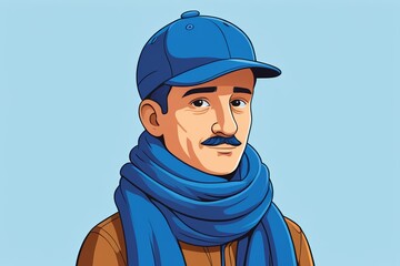 Obraz premium cartoon man with a mustache wearing a blue scarf and a cap