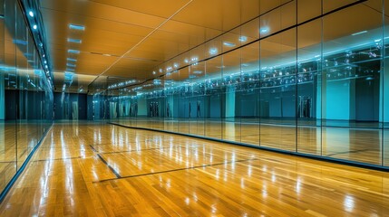 Mirrored dance studio with hardwood floor.