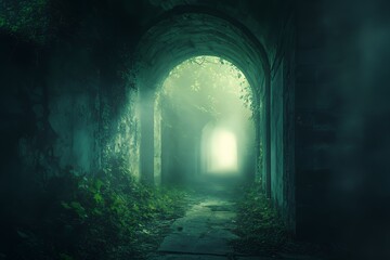 Mysterious overgrown stone archway pathway leading to light