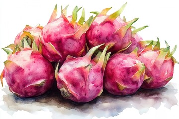 A cluster of vibrant dragon fruits with pink skin and green tips, showcasing their unique appearance.