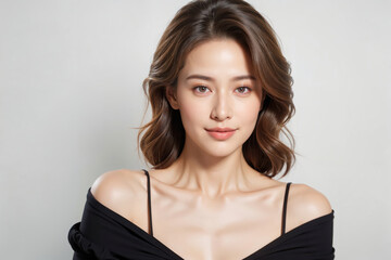 Fototapeta premium A woman with long brown hair and a black dress is smiling for the camera