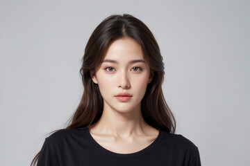 A woman with long dark hair and brown eyes is wearing a black shirt
