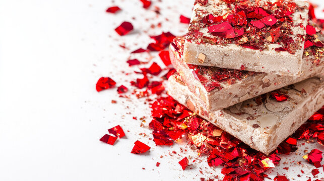 Pink and white nougat pieces with scattered crushed strawberry pieces and red candy crumbs on bright marble background